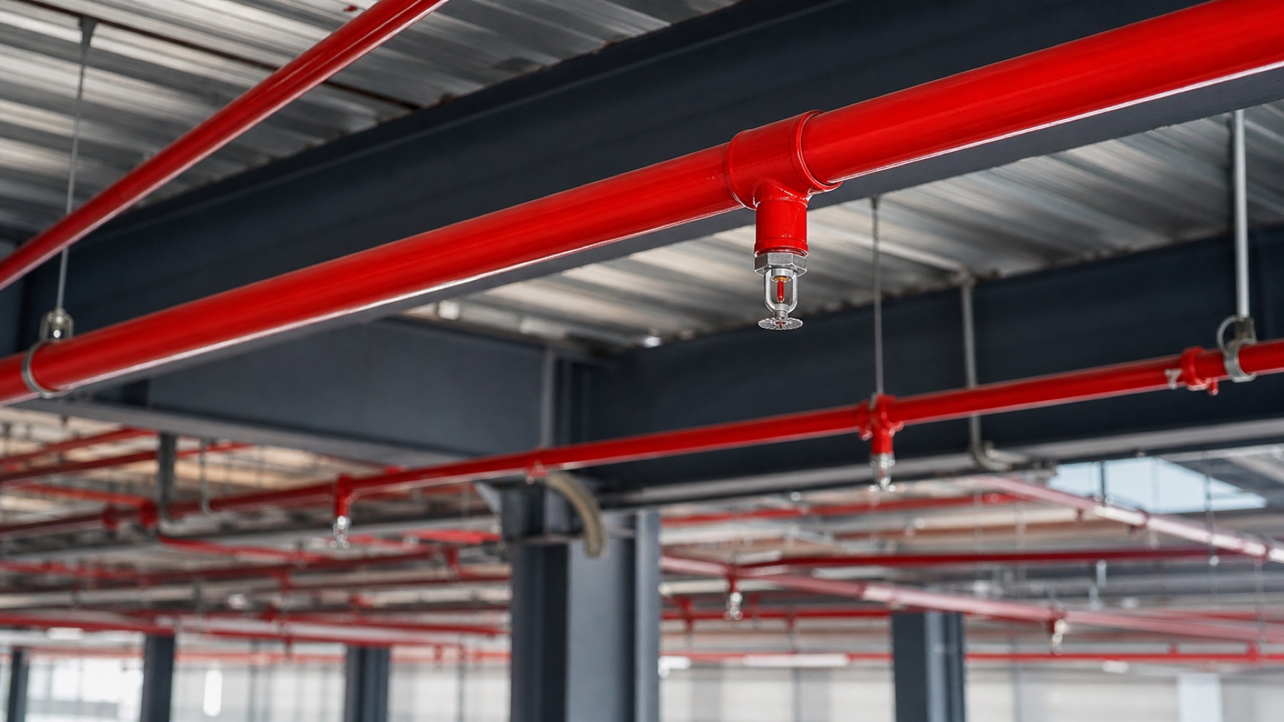 Endüstriyel tavandan asılı kırmızı sprinkler boruları, sprinkler kafası yakın çekim